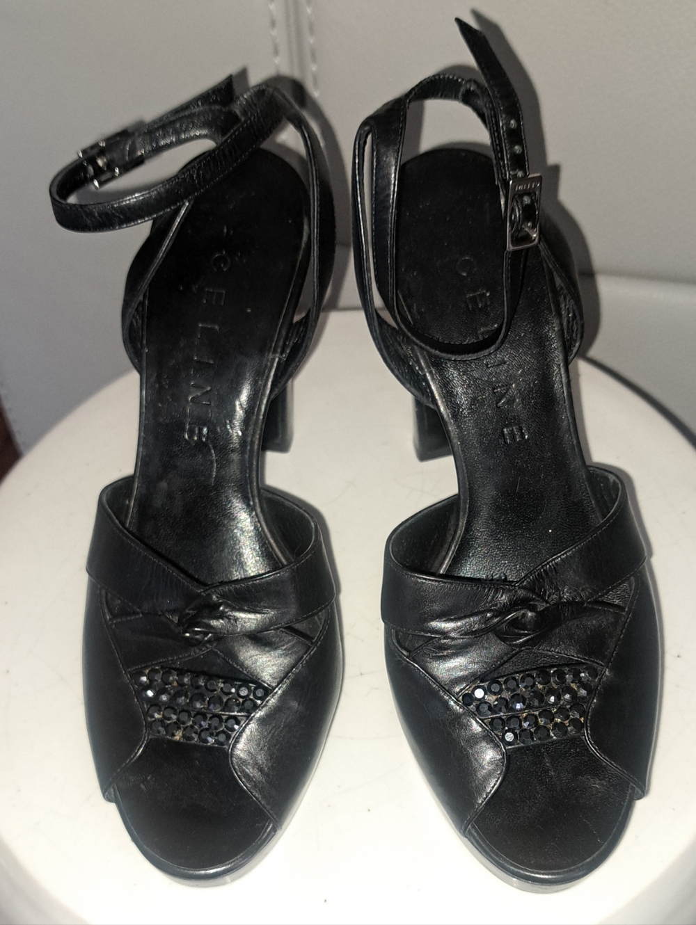 Celine Black Leather Open-Toe Ankle-Strap Heels with Stud Detail